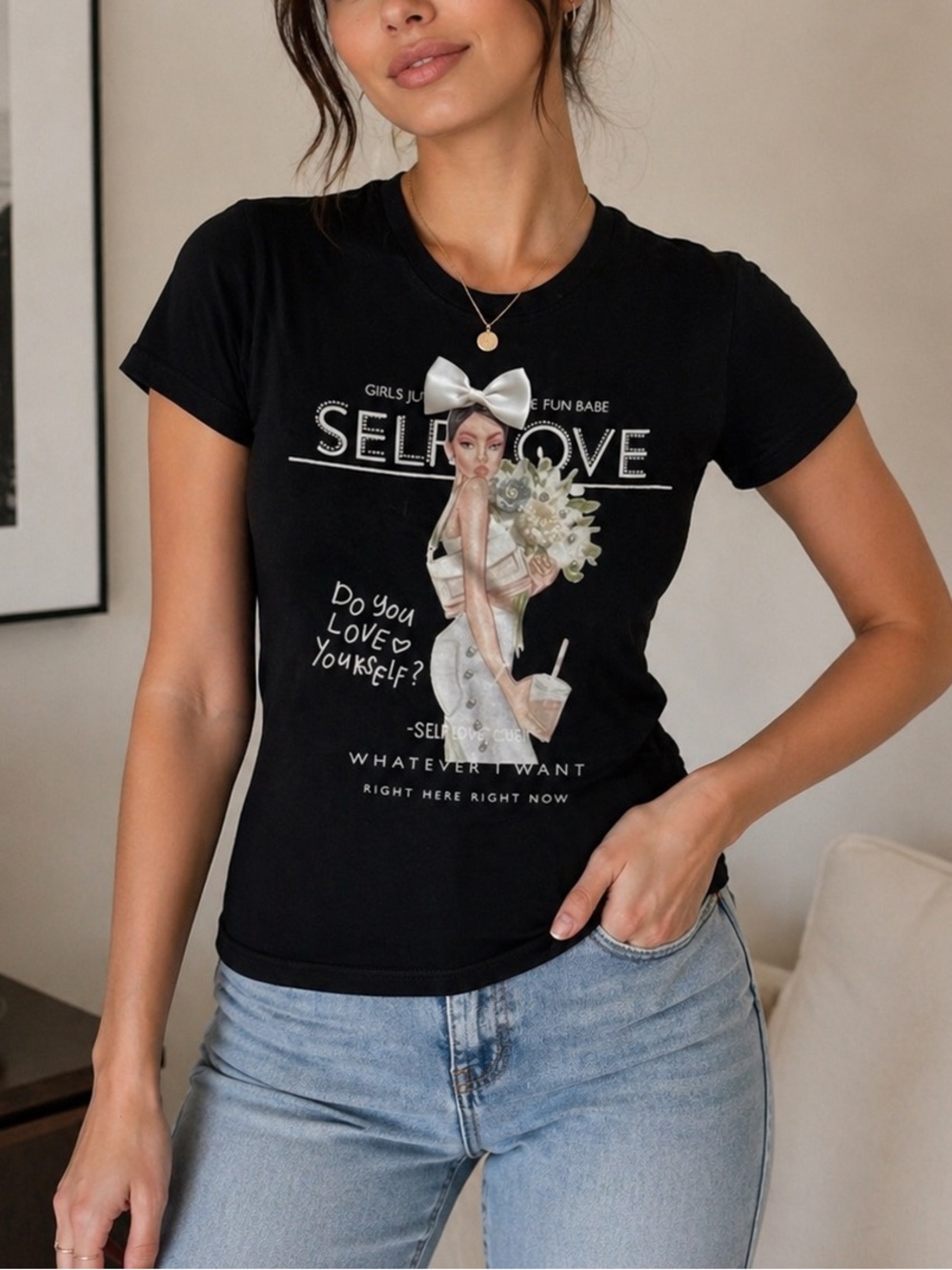Black "Self Love" Graphic Tee with Bow Detail - Women's Top